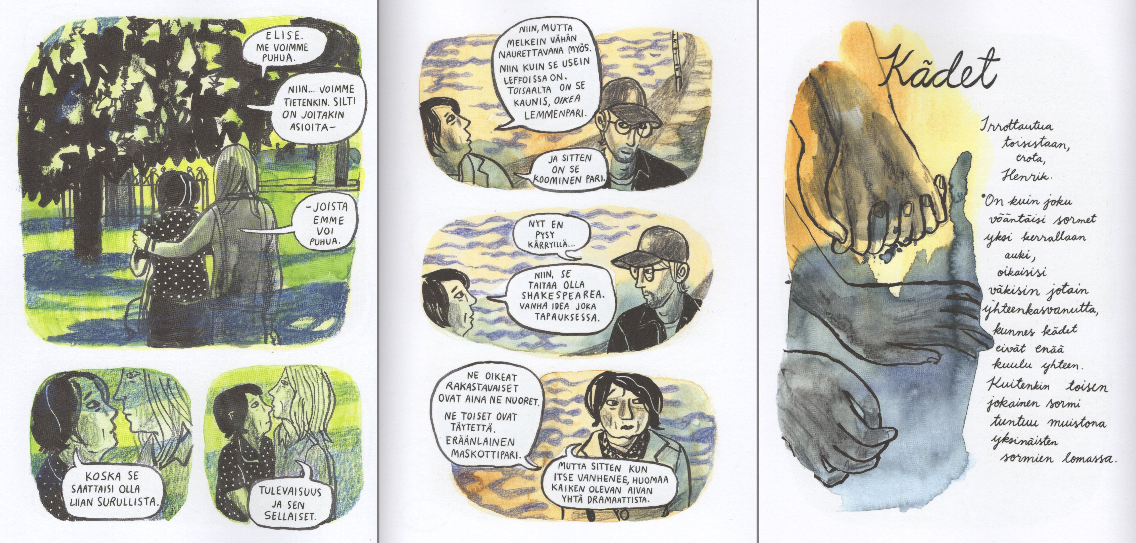 Kolmen sivun kooste Anneli Furmarkin sarjakuvaromaanista Tule kanssani kulman taa.