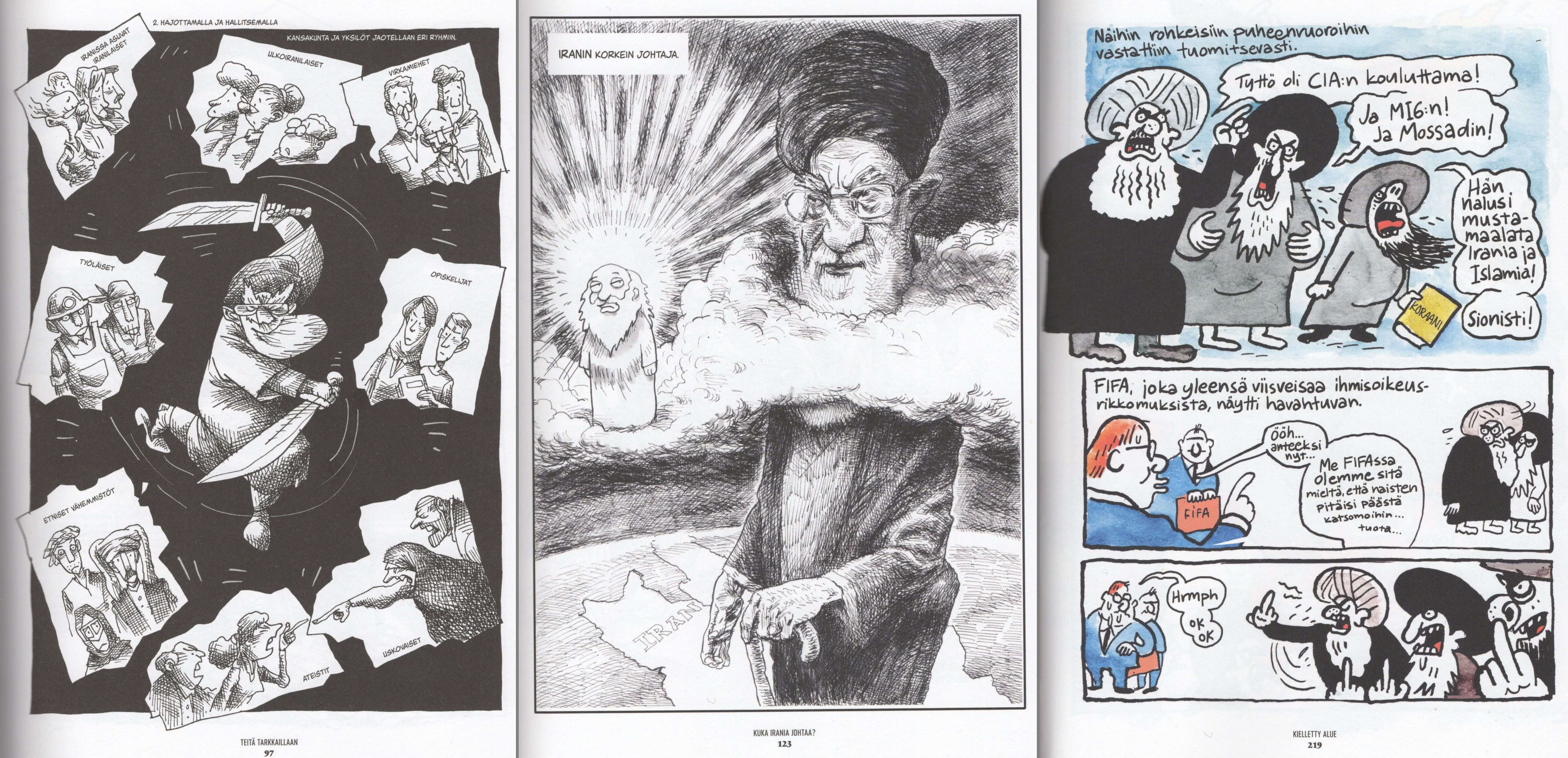 Kolme kuvaa Marjane Satrapin toimittamasta sarjakuvateoksesta Nainen, elämä, vapaus.